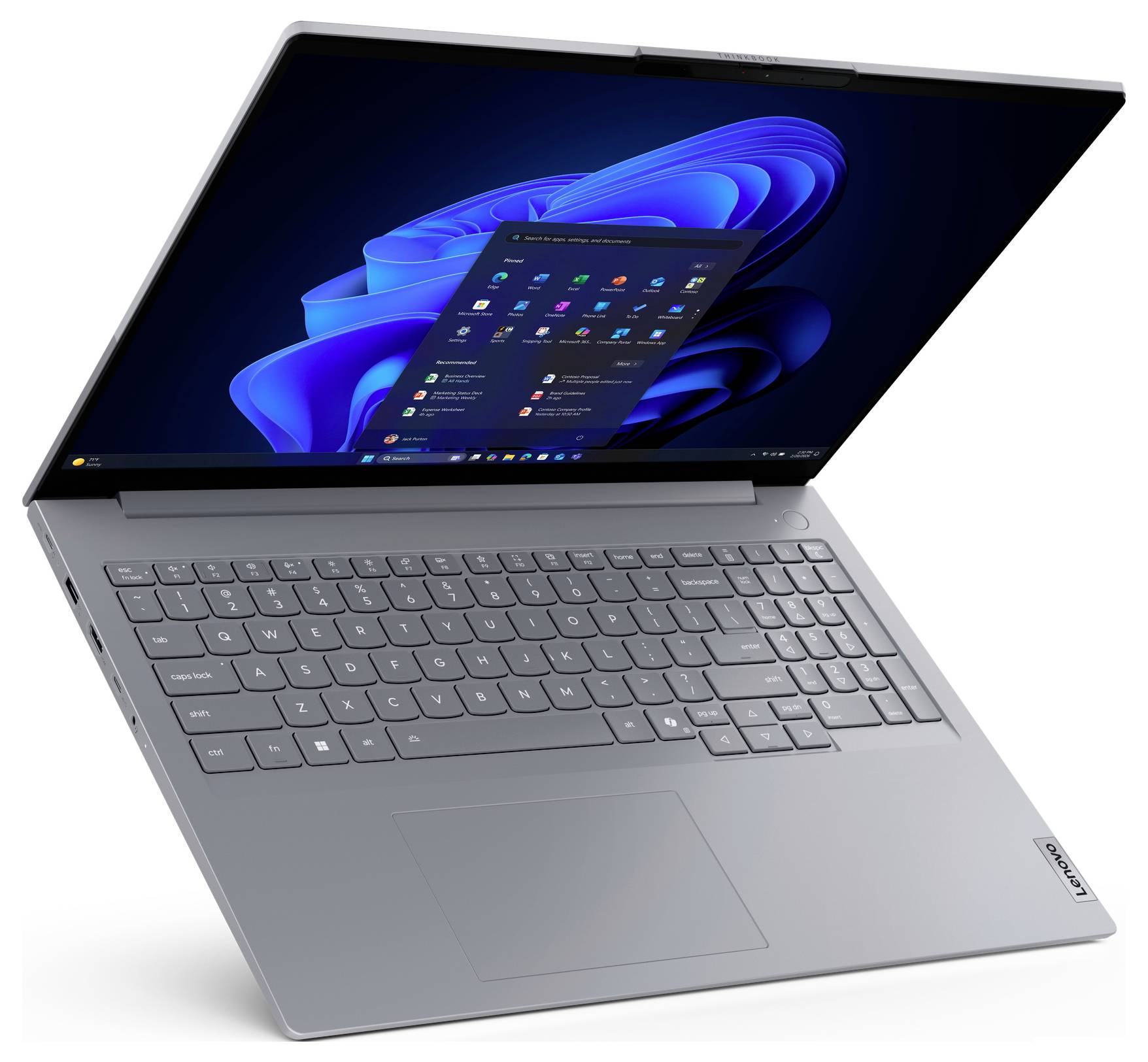 Ein silberner Laptop mit einem großen Bildschirm, auf dem das Windows-11-Startmenü angezeigt wird und verschiedene App-Symbole präsentiert.