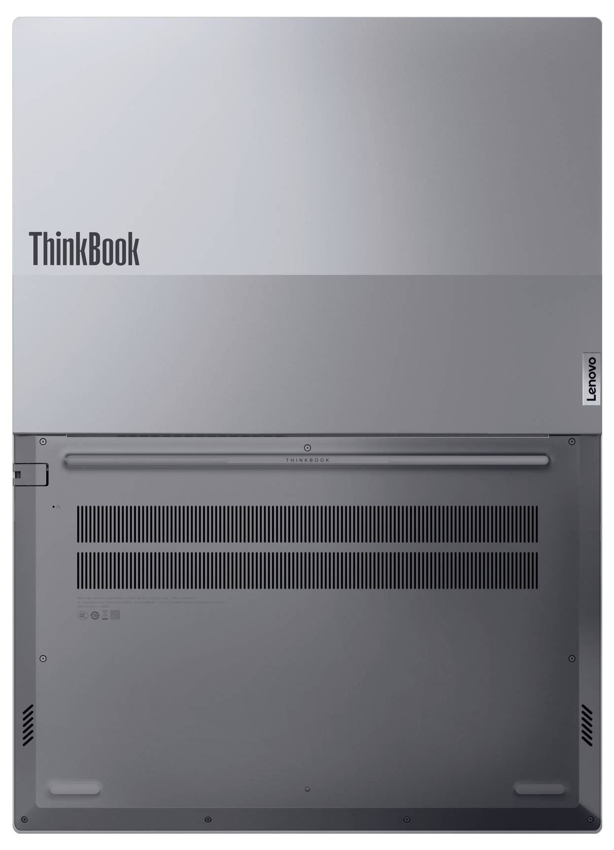 Das Bild zeigt den geschlossenen Deckel eines silbernen Laptops mit den Logos „ThinkBook