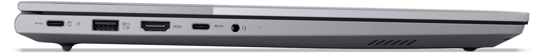 Ein von der Seite betrachteter Laptop, der mehrere Anschlüsse zeigt, darunter USB, HDMI und eine Audiobuchse, die seine Konnektivitätsoptionen hervorhebt.