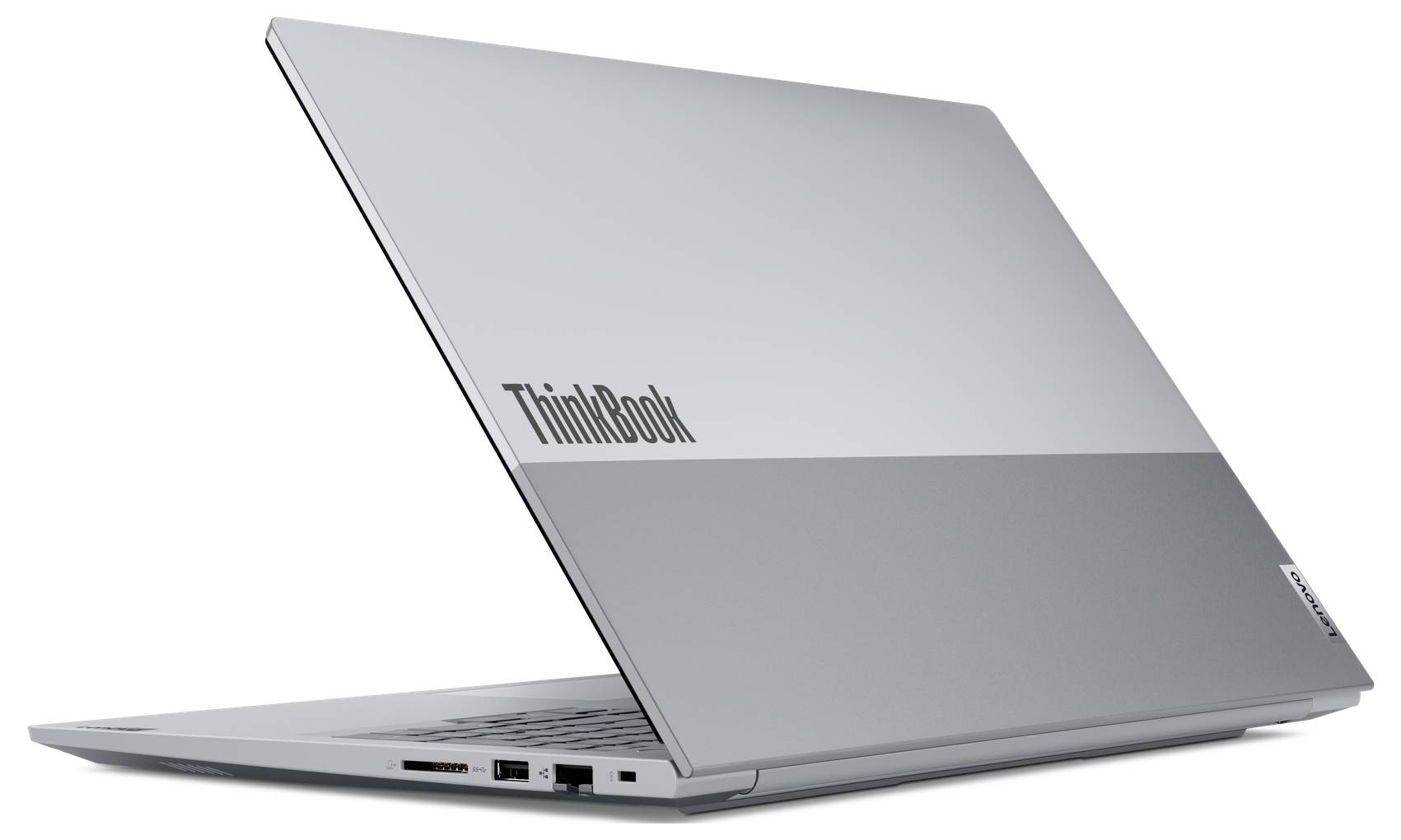 Silberner Lenovo ThinkBook-Laptop, der in einem Winkel auf weißem Hintergrund offen gezeigt wird, mit sichtbarem ThinkBook-Branding auf dem Deckel.