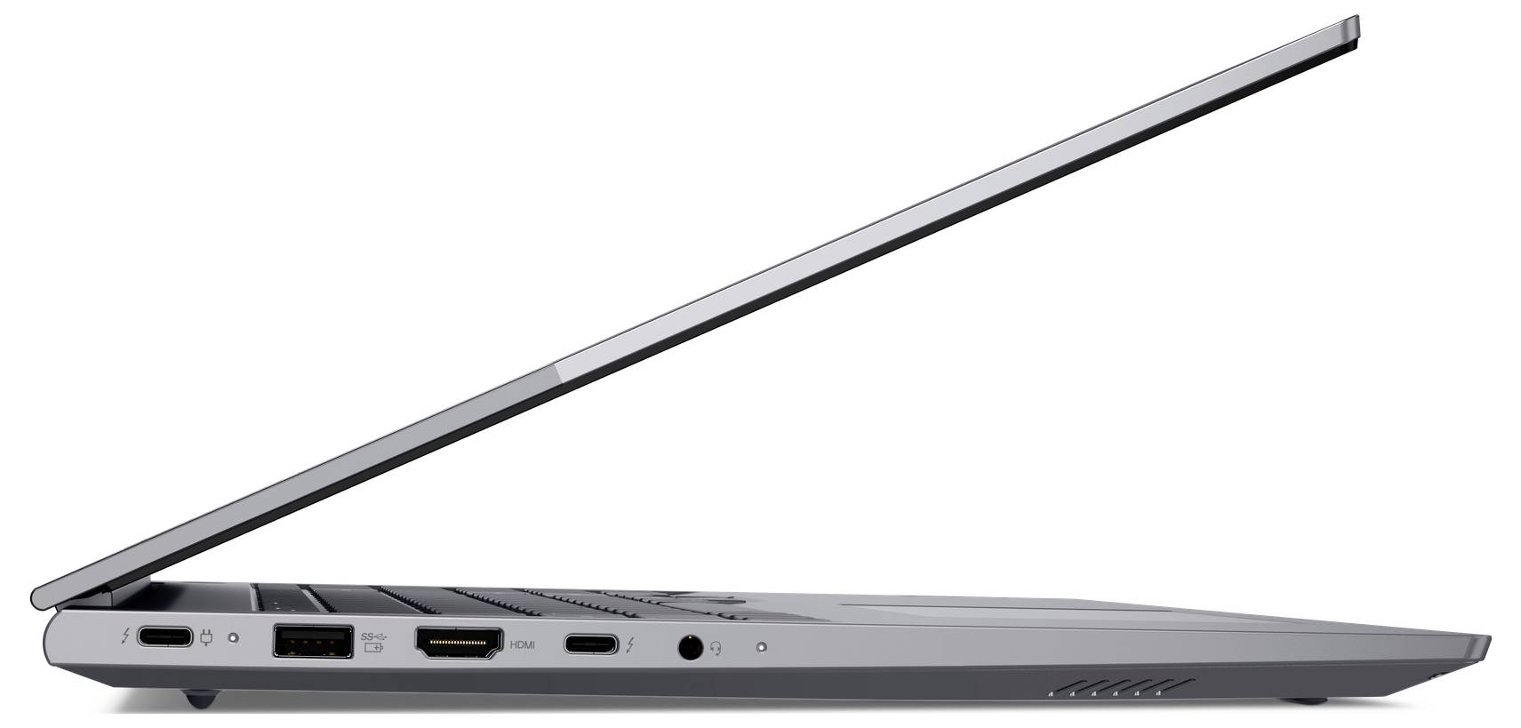 Seitenansicht eines offenen silbernen Laptops, die sein dünnes Profil und die Anschlüsse an der linken Kante zeigt.