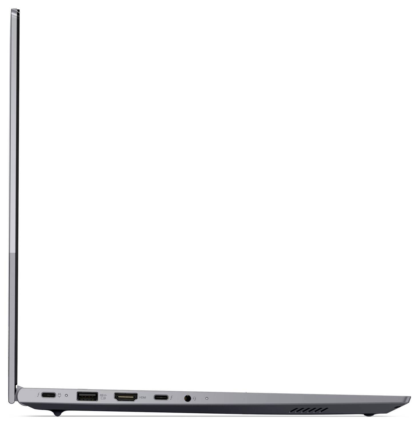 Seitenansicht eines schlanken silbernen Laptops, offen und geschlossen vor weißem Hintergrund dargestellt, mit Hervorhebung des dünnen Designs und der Anschlüsse auf der linken Seite.