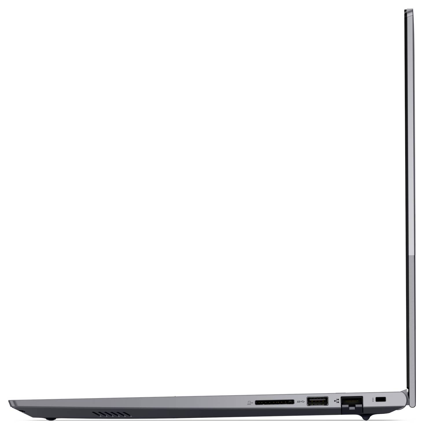 Seitenansicht eines dünnen grauen Laptops, teilweise geöffnet, zeigt die Tastaturkante, Anschlüsse und großes Displayscharnier auf weißem Hintergrund.