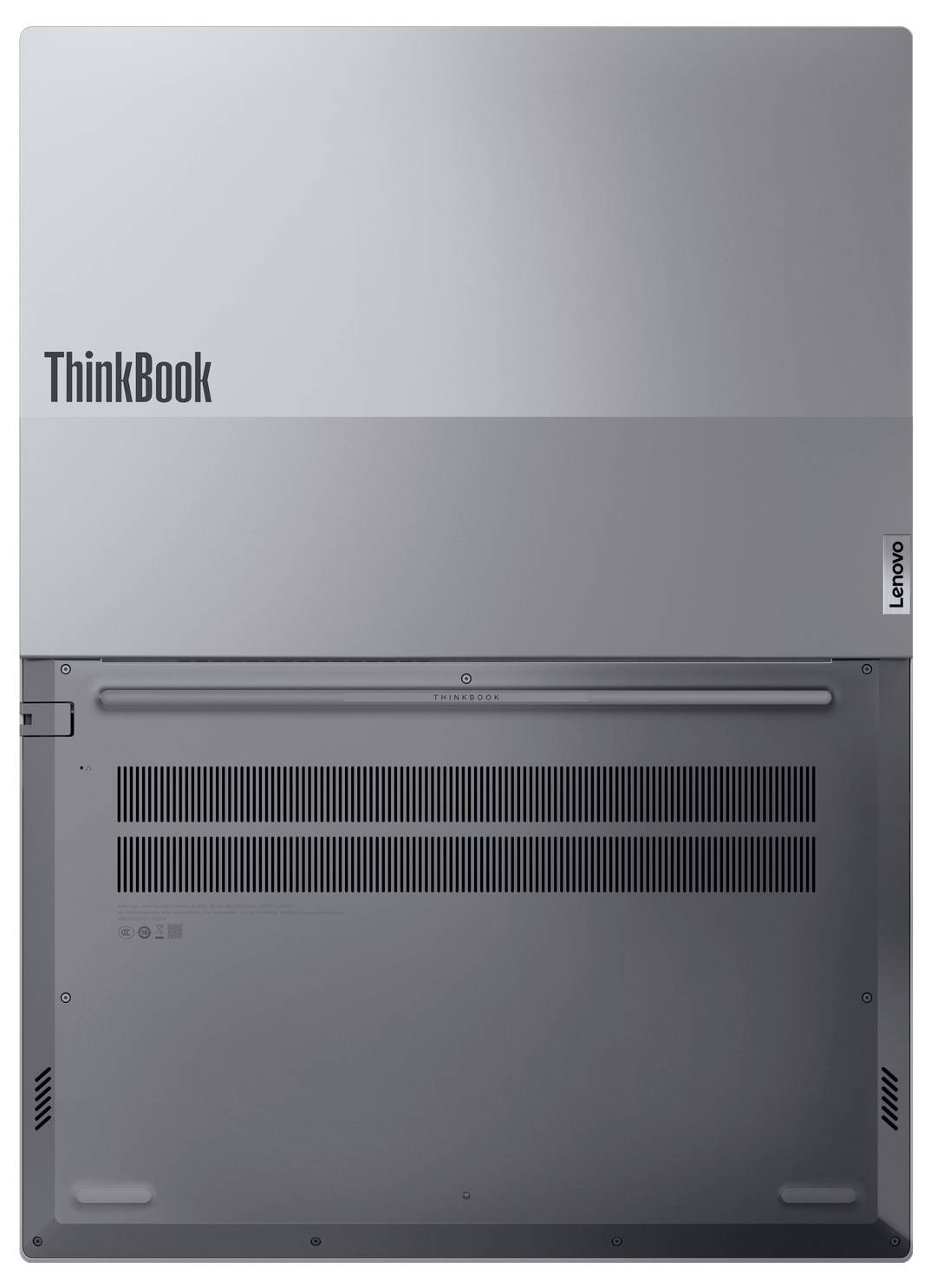 Unteransicht eines Lenovo ThinkBook-Laptops, die das ThinkBook- und Lenovo-Logo, das hintere Lüftungsgitter und die Gummifüße zeigt.