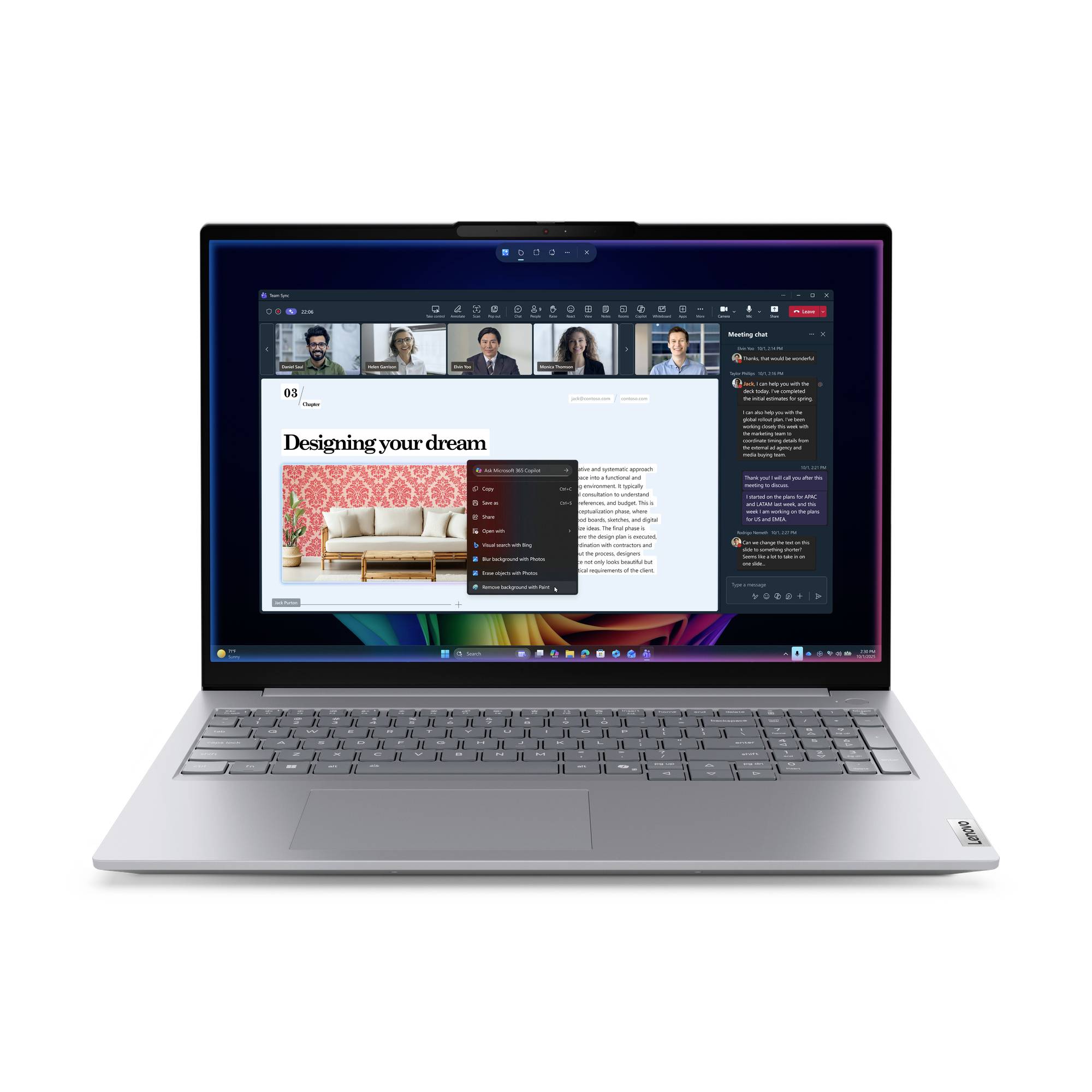 Silberner Laptop, der einen Videoanruf mit fünf Teilnehmern und ein freigegebenes Dokument mit dem Titel „Dein Traum gestalten