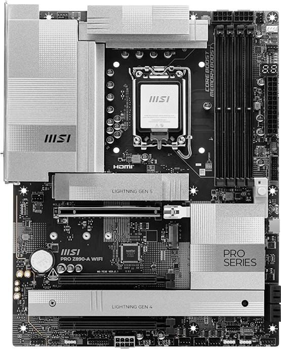 MSI PRO Z890-A WIFI Motherboard mit Intel-CPU-Sockel, vier RAM-Steckplätzen, PCIe-Steckplätzen, Kühlkörpern und M.2-Abschirmungen.