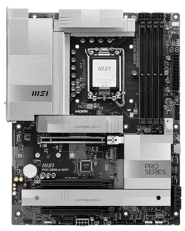 MSI PRO SERIES Desktop-Motherboard mit Intel-CPU-Sockel, RAM-Steckplätzen, PCIe-Steckplätzen und großen silbernen Kühlkörpern