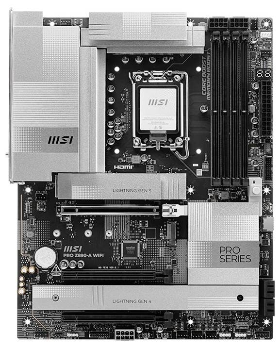 MSI Pro Series Motherboard mit Intel CPU-Sockel, RAM-Steckplätzen und sichtbaren PCIe-Erweiterungssteckplätzen.