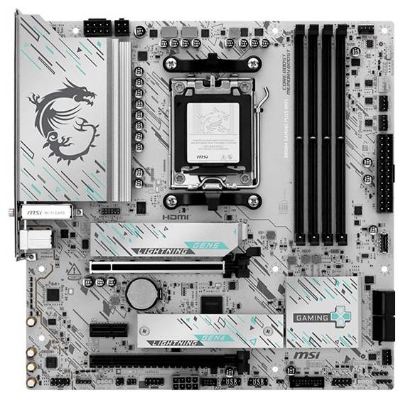 MSI-Gaming-Motherboard mit Intel-CPU-Sockel, vier RAM-Steckplätze, PCIe-Erweiterungssteckplätze, M.2-Abschirmungen und rückwärtigen I/O-Anschlüssen.