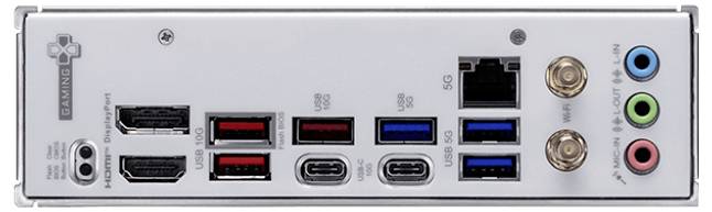 Rückseite einer Computer-Motherboard mit mehreren USB-Anschlüssen, HDMI, DisplayPort, Ethernet-Anschluss und Audio-Buchsen für die Konnektivität.