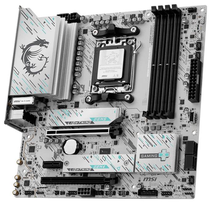 MSI Gaming-Motherboard mit AMD-CPU-Sockel, vier RAM-Steckplätzen, mehreren PCIe-Steckplätzen und 
