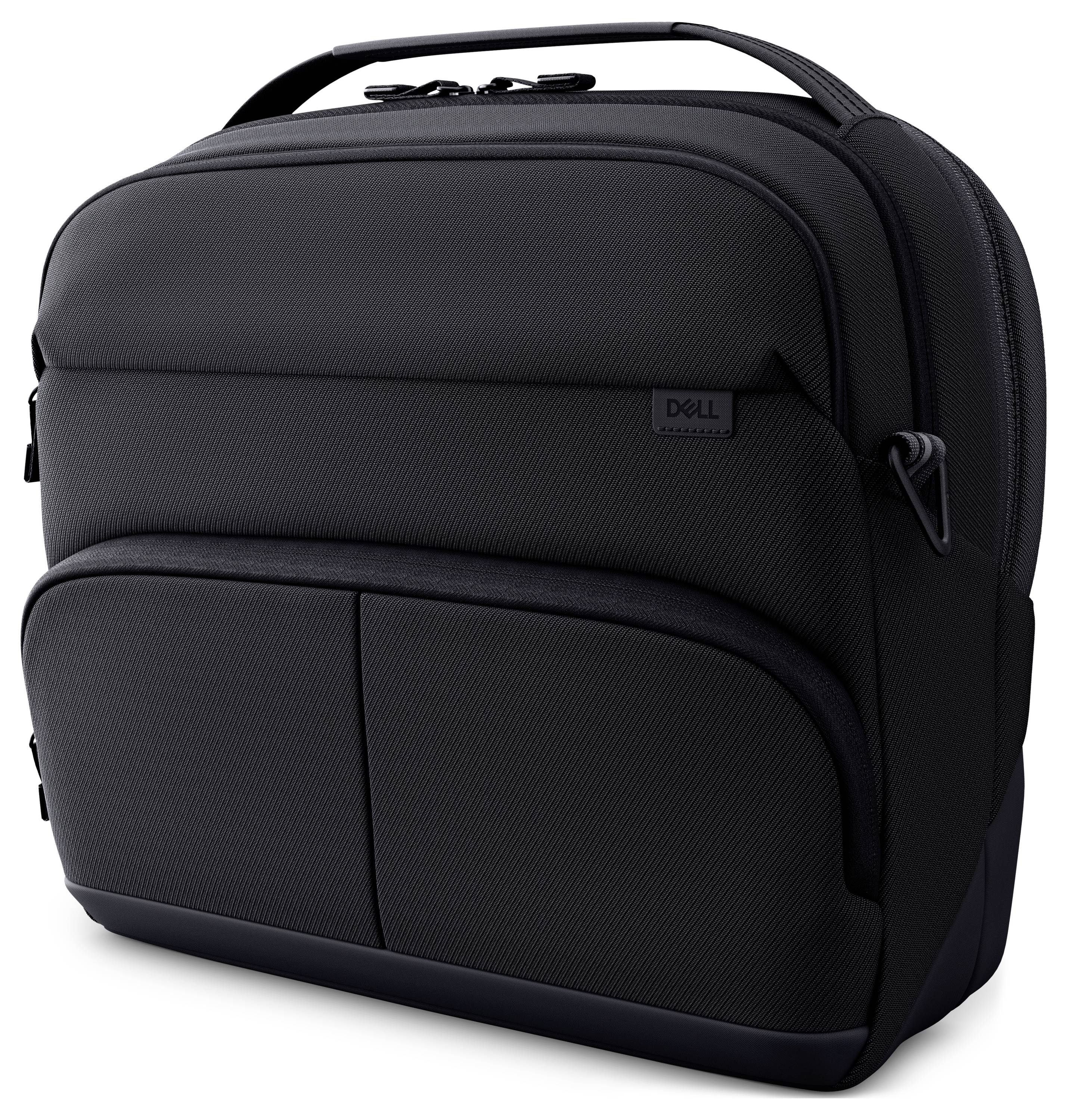 Ein schwarzer Dell-Laptop-Rucksack mit mehreren Fächern, entwickelt für Technik-Geräte und Zubehör.