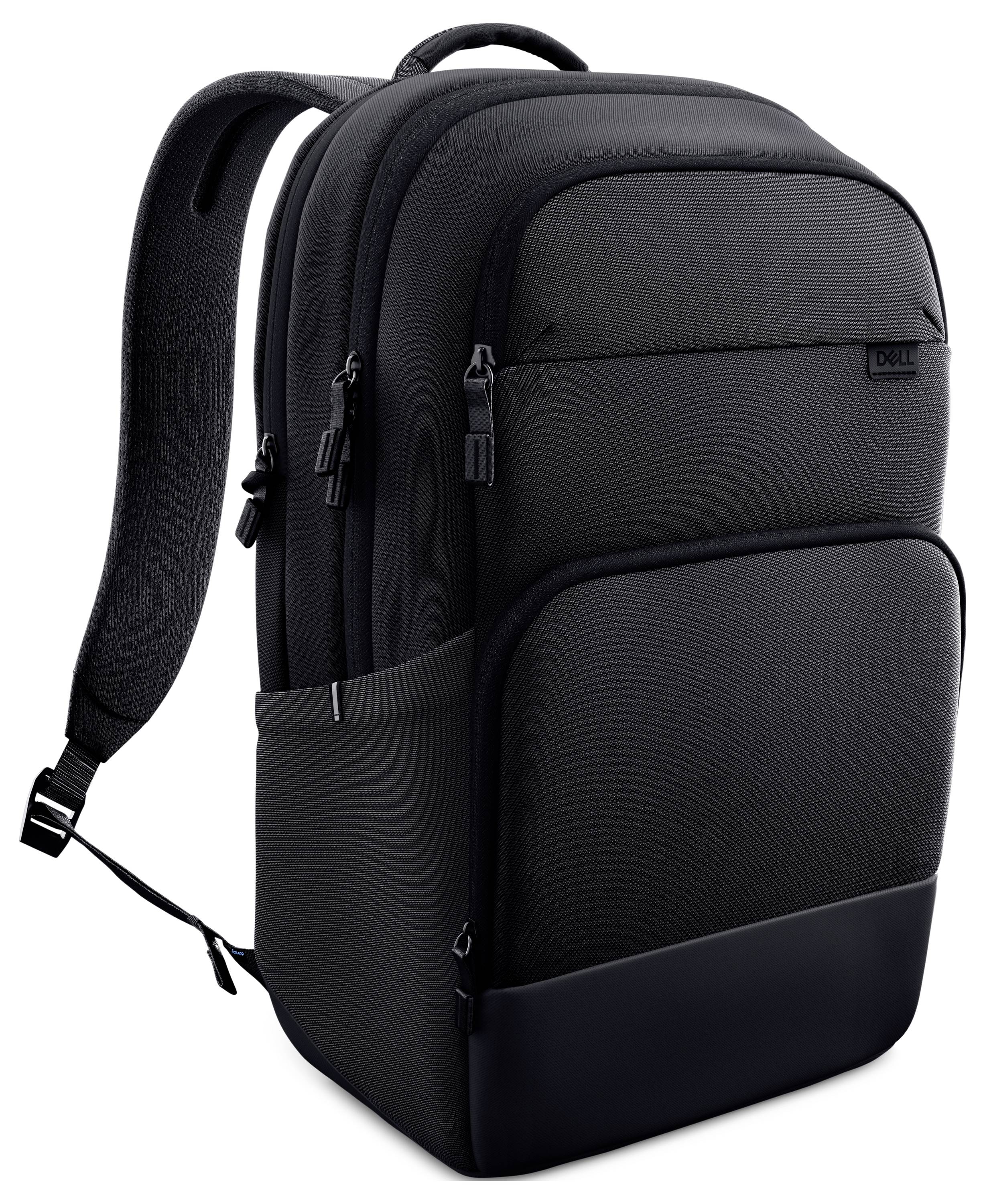 Ein schwarzer Dell-Rucksack mit mehreren Reißverschlussfächern und gepolsterten Trägern, entwickelt zum Transportieren von Laptops und Zubehör.