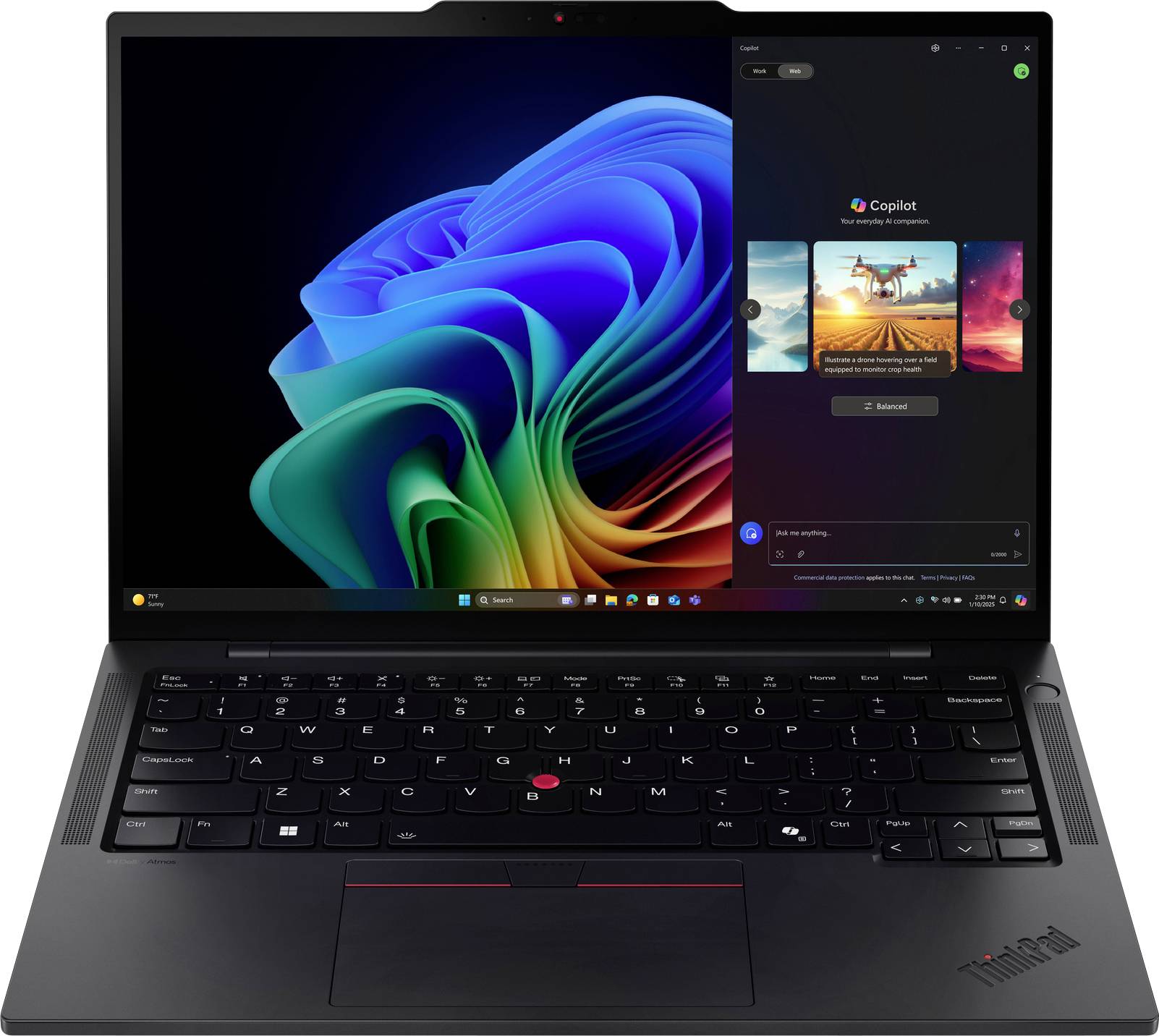 Ein Laptop mit lebhaftem, farbenfrohem Bildschirm mit digitaler Regenbogenspirale. Das Display zeigt eine App mit dem Titel „Copilot