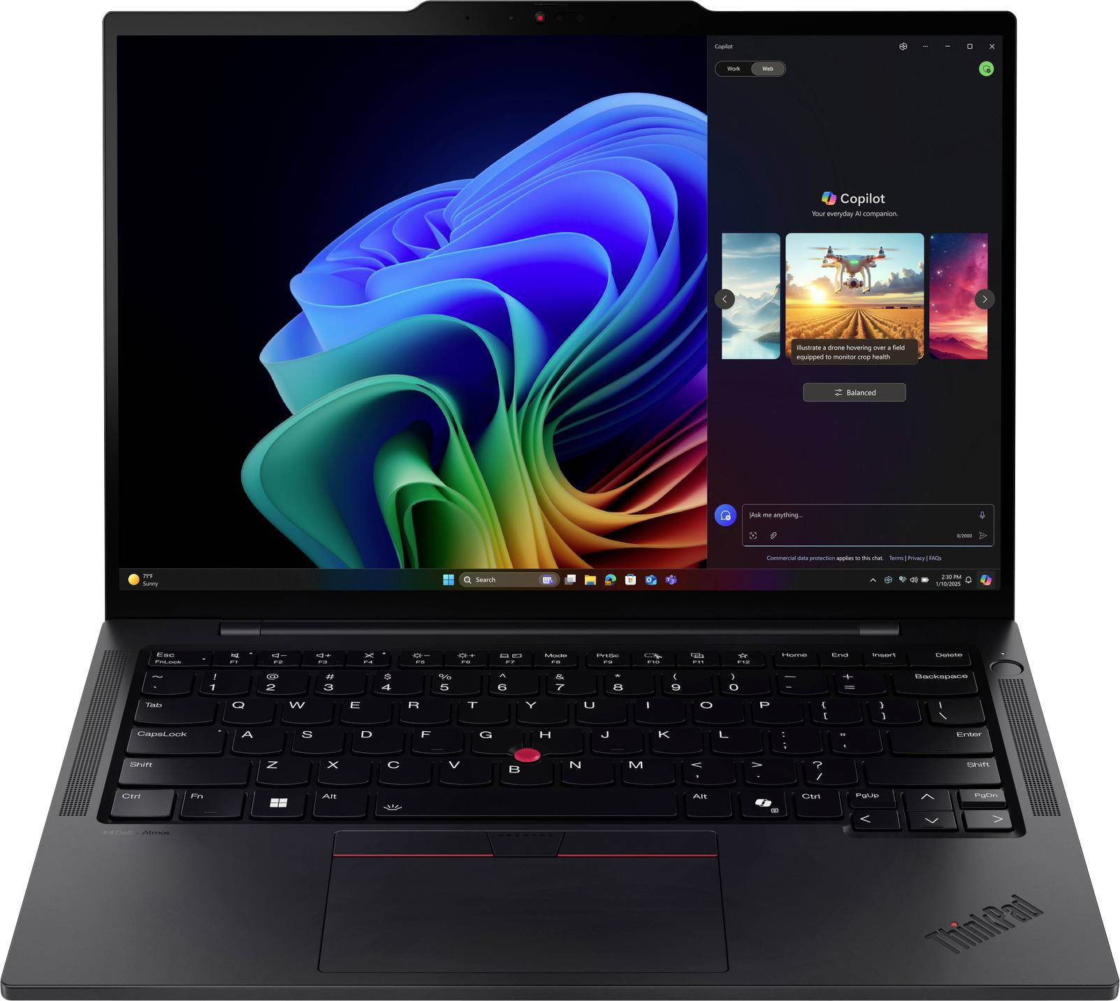 Ein Laptop, der eine lebendige Desktop-Hintergrundbild anzeigt, mit einer offenen Seitenleiste mit KI-generierten Kunstoptionen, die auf dem Bildschirm als 