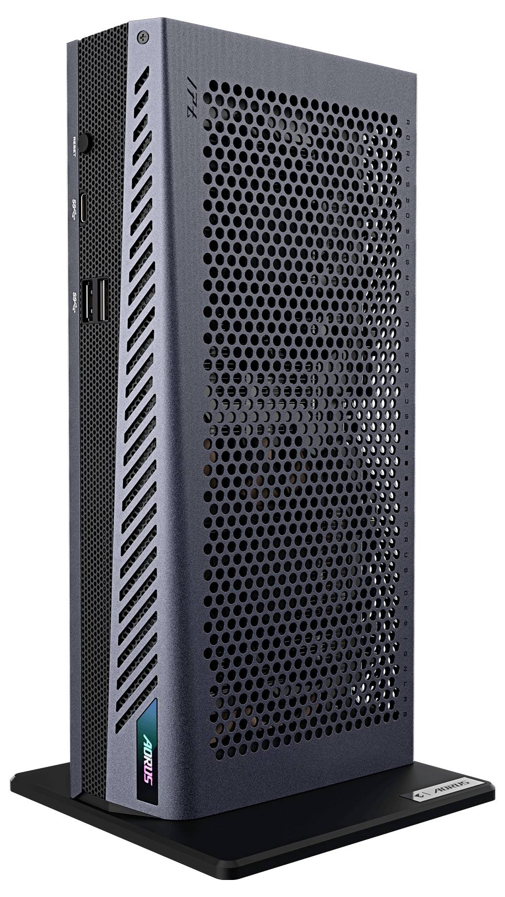 Hohes, schlankes schwarzes Computergehäuse mit perforiertem Belüftungspanel auf einem Ständer, mit USB-Anschluss und Stromschalter an der Seite.