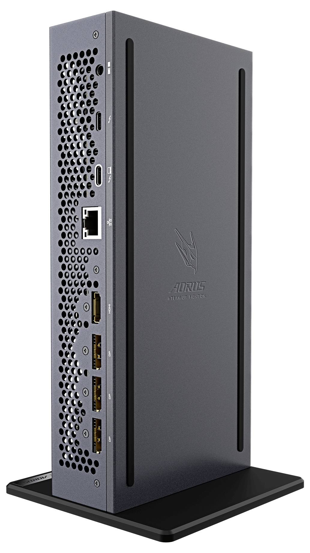 Aorus kompakter Gaming-Desktop mit Lüftungsöffnungen auf einer Seite und mehreren Anschlüssen, einschließlich USB und Ethernet, aufrecht auf einem Ständer angezeigt.