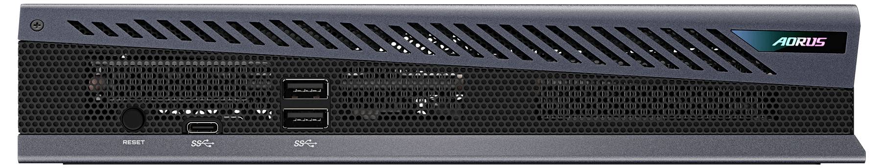 Rückseite einer Gaming-Konsole mit mehreren Anschlüssen, einschließlich USB und HDMI, mit einem Logo in der oberen rechten Ecke.