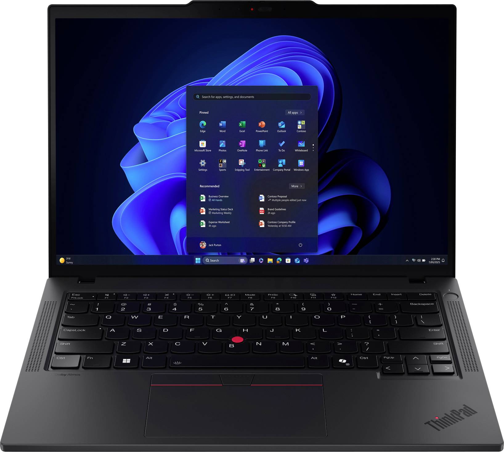Ein Laptop, der einen Windows 11-Startmenü-Bildschirm anzeigt. Das Gerät ist schwarz mit einem sichtbaren roten TrackPoint auf der Tastatur und ist als ThinkPad gekennzeichnet.