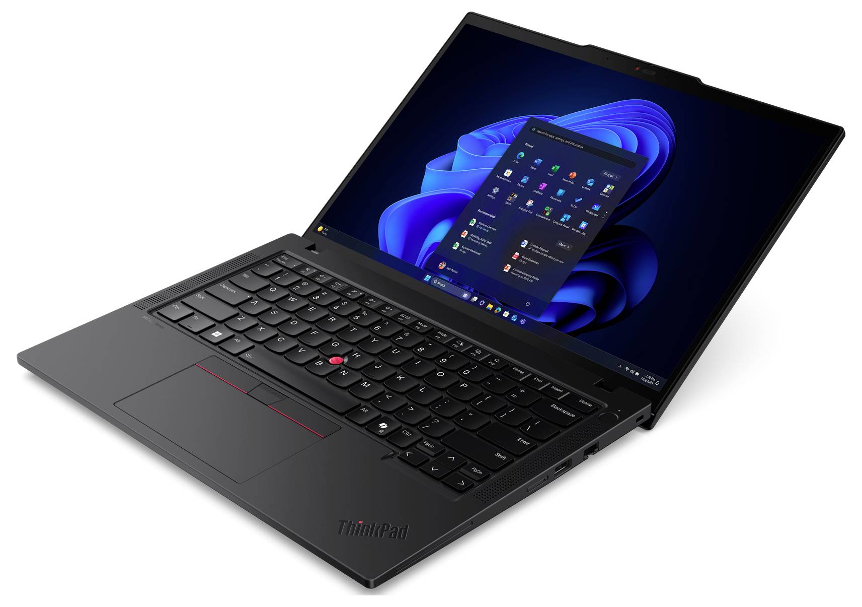 Ein schwarzer Laptop mit einem blauen Betriebssystem-Bildschirm, auf dem Symbole angezeigt werden, vor weißem Hintergrund.