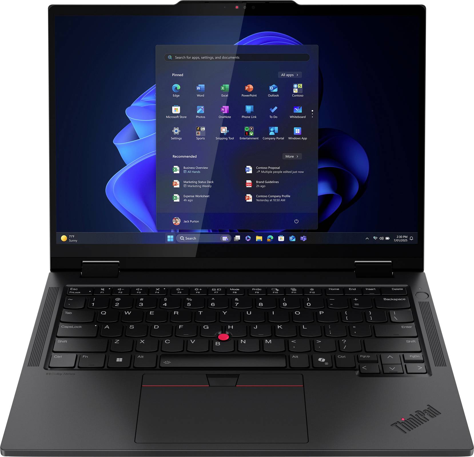 Ein Laptop, der den Windows 11-Startbildschirm mit einer Liste von Anwendungen und Einstellungen anzeigt. Die Tastatur umfasst einen roten Zeigeregler.