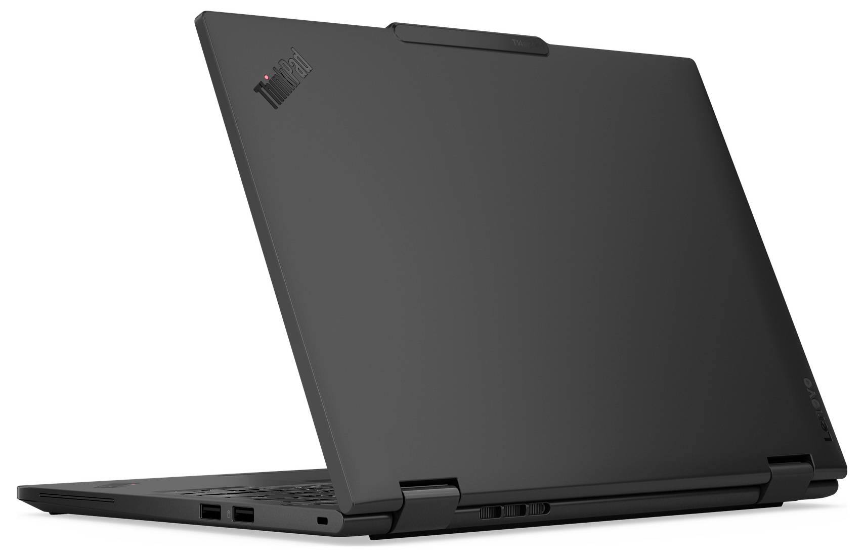 Ein schwarzer Laptop mit teilweise geöffnetem Deckel, der ein minimalistisches Design zeigt. Der Laptop hat zwei Scharniere und ein Markenlogo in der oberen Ecke.