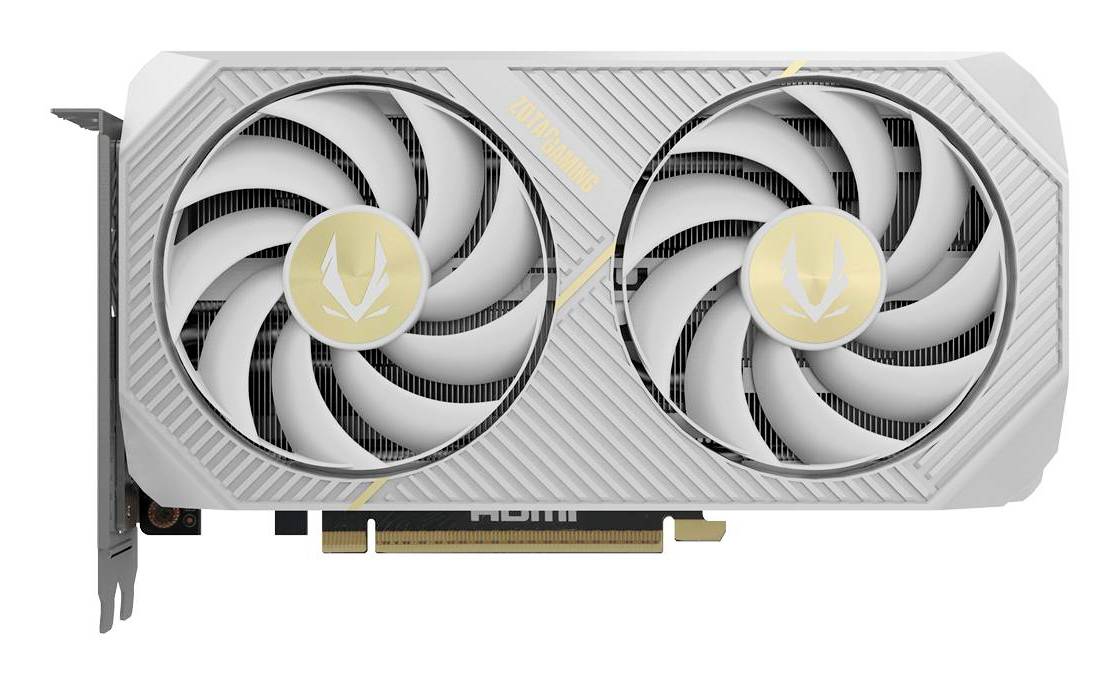 Eine Grafikkarte mit zwei Lüftern und einem schlanken Design. Die Lüfter haben ein gelbes Emblem in der Mitte, und am unteren Ende sind HDMI-Anschlüsse sichtbar.
