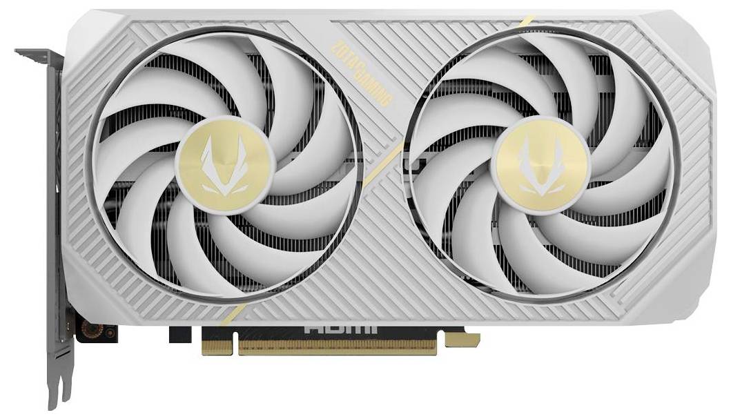 Weiße Grafikkarte mit zwei Lüftern, mit einem goldenen Emblem in der Mitte jedes Lüfters. Sichtbarer PCIe-Anschluss und HDMI-Anschluss.