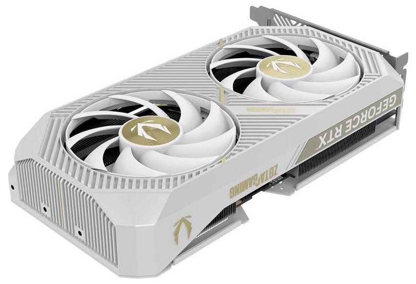 Eine weiße und goldene Grafikkarte mit dualen Kühlventilatoren, mit den Marken „GEFORCE RTX