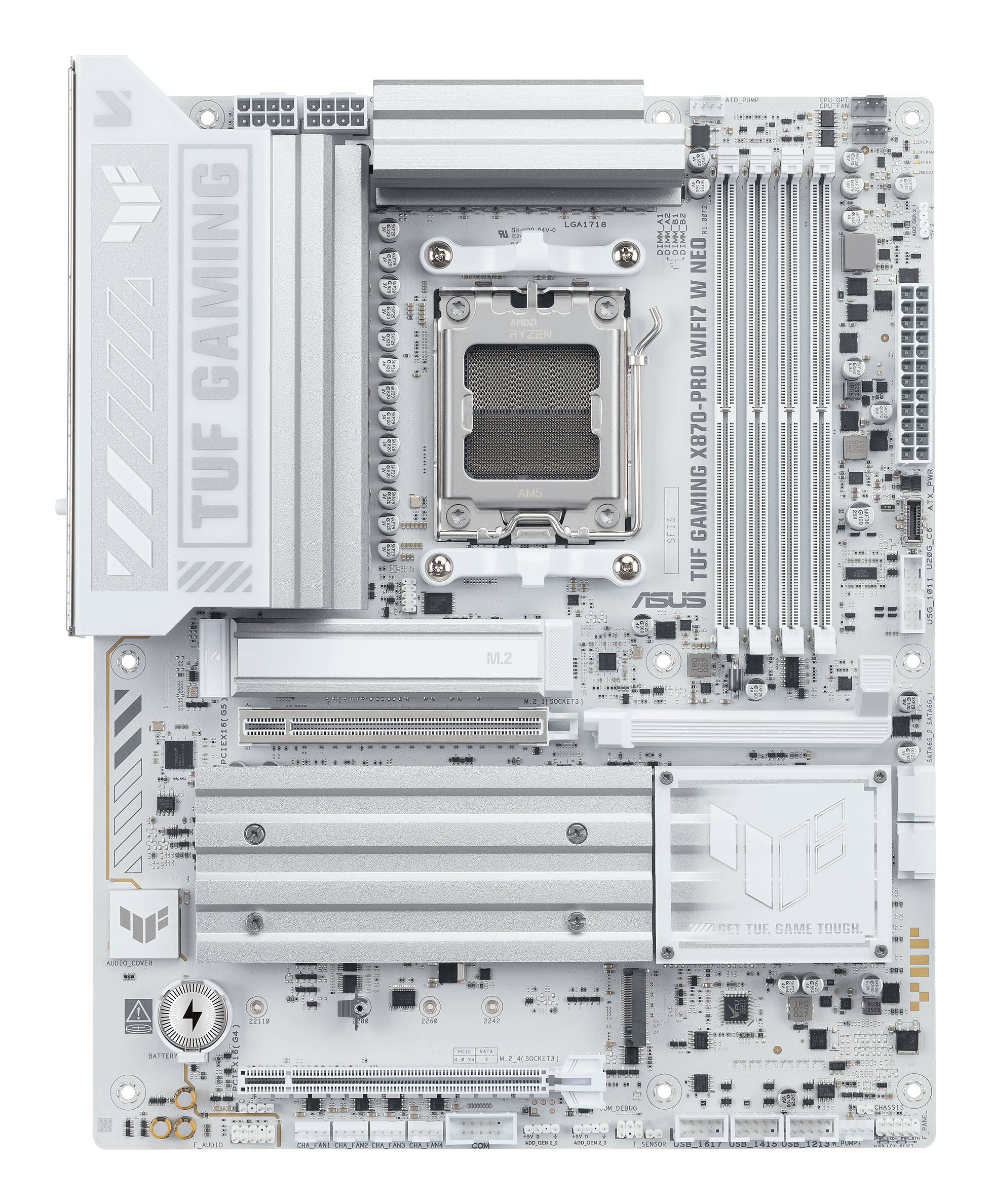 Ein TUF Gaming Motherboard in Hellgrau mit mehreren Steckplätzen und gekennzeichneten Komponenten für einen Desktop-Computer.