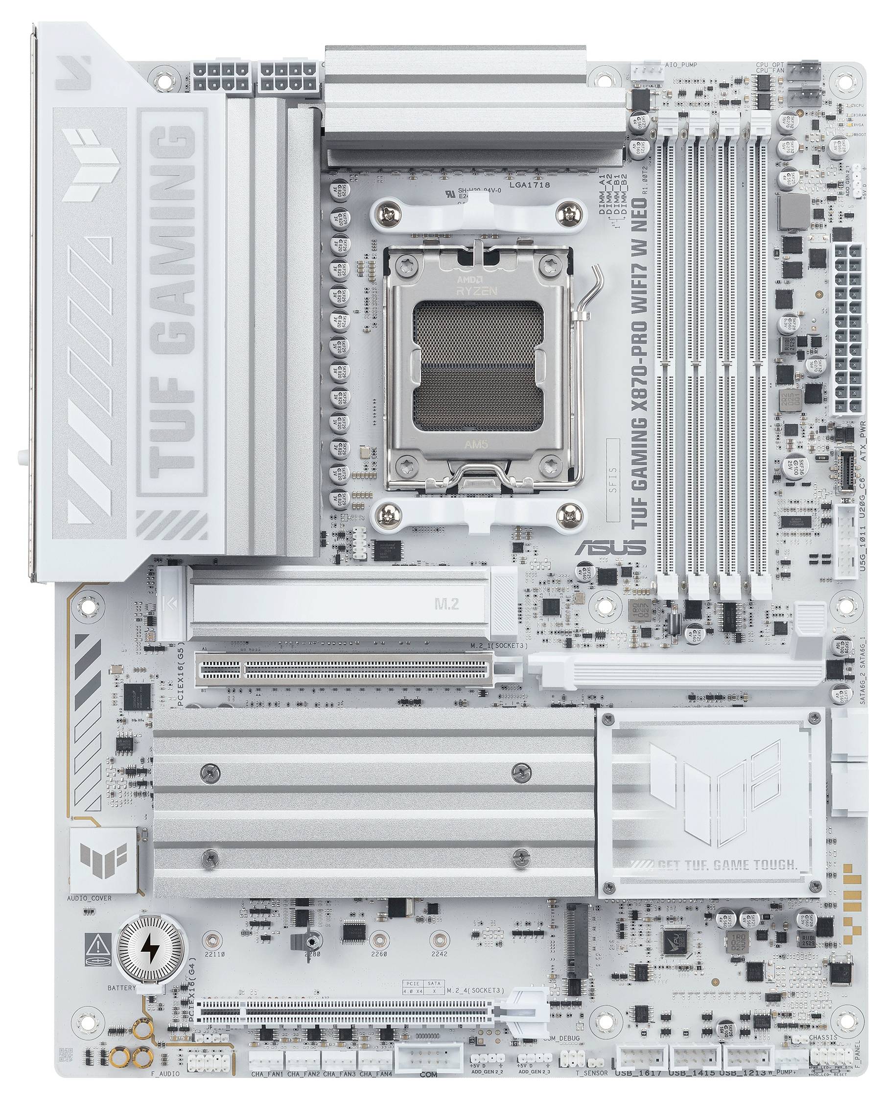 Eine Draufsicht auf ein silbernes ASUS TUF Gaming X670E-Pro WiFi-Motherboard mit mehreren RAM-Slots, Kühlkörpern und einem M.2-Slot.