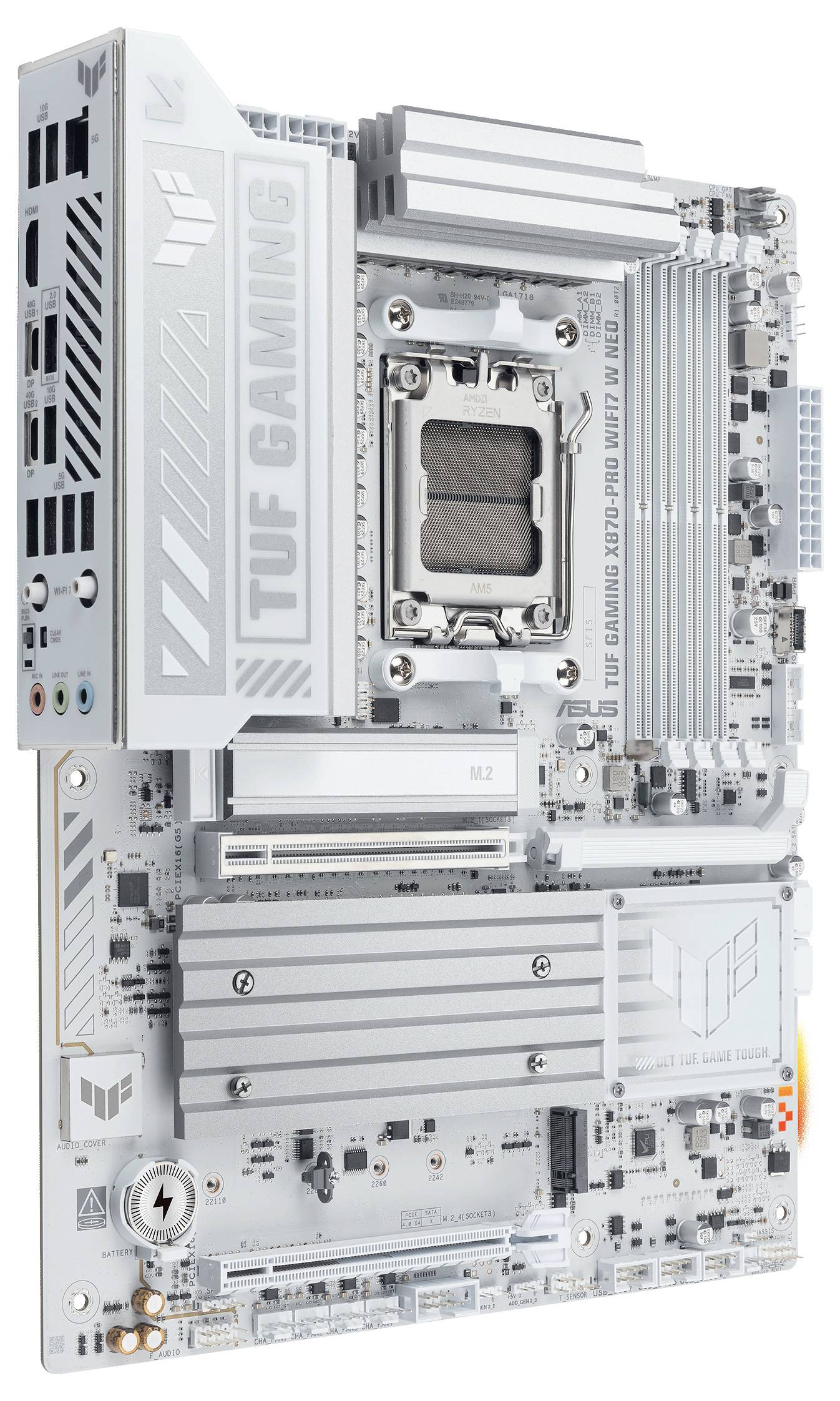 Ein graues ASUS TUF GAMING X670E-PRO WIFI Motherboard mit mehreren Steckplätzen und Anschlüssen, entwickelt für leistungsstarke Computer- und Gaming-Setups.