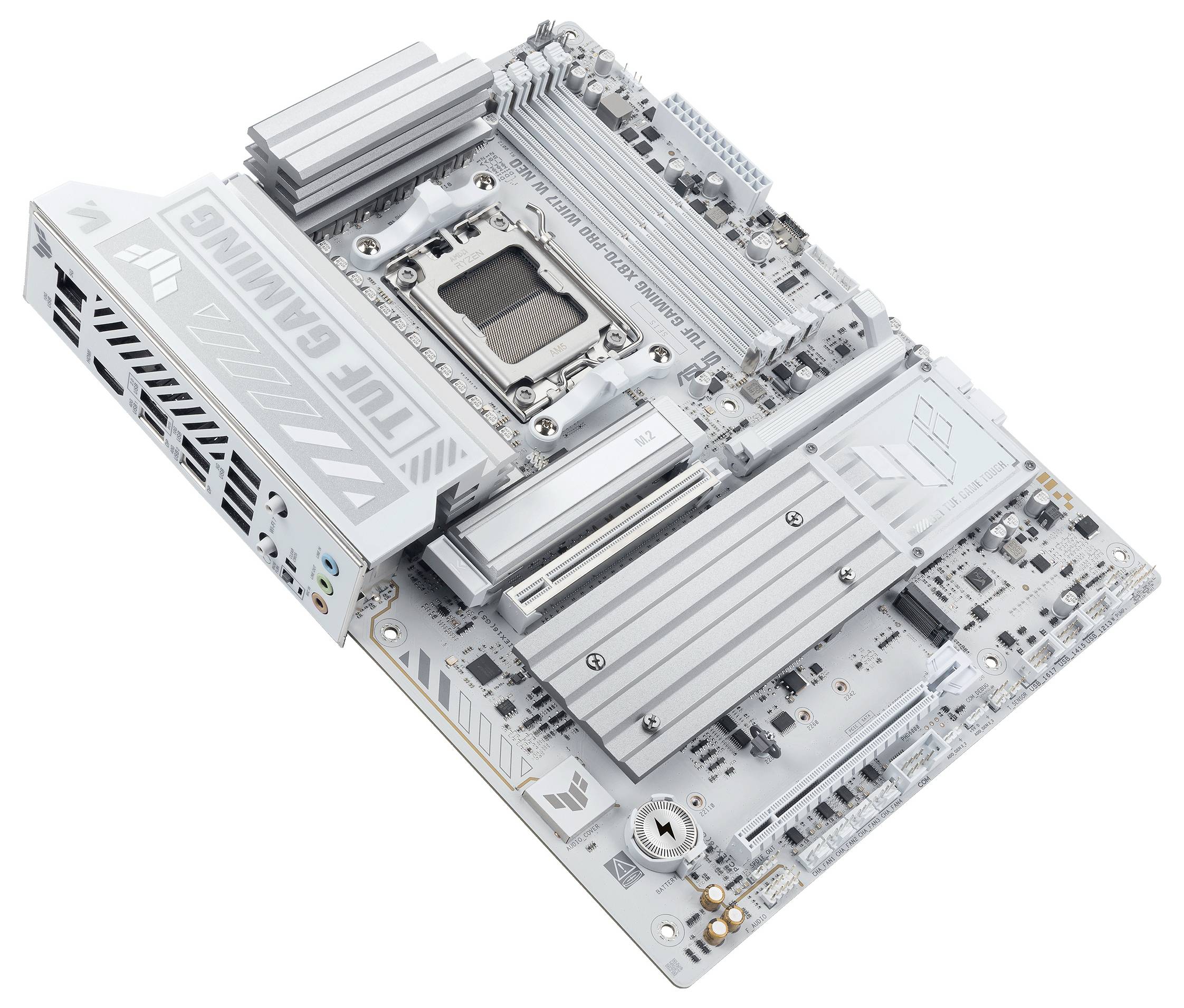 Ein silbernes Motherboard mit integrierten Schaltkreisen, Kühlkörpern und einem zentralen Prozessor-Steckplatz, konzipiert für Gaming und High-Performance-Computing.