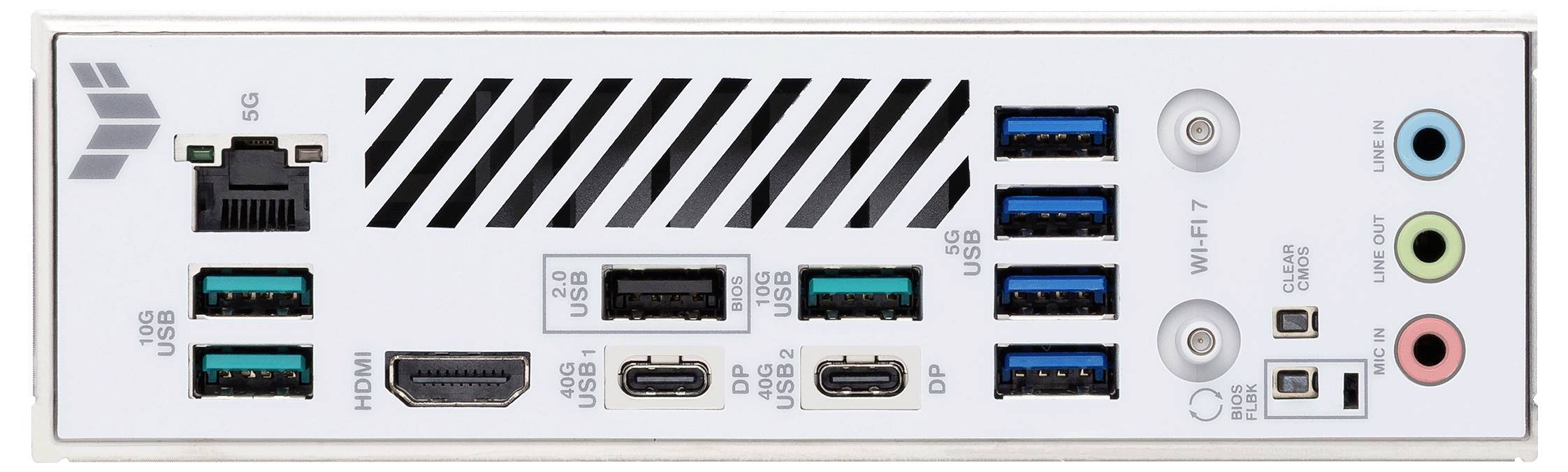 Rückseite einer Computer-Motherboard mit Ethernet-, HDMI-, USB- und Audioanschlüssen, mit einer Wi-Fi-Antennenverbindung, entworfen für Konnektivität.
