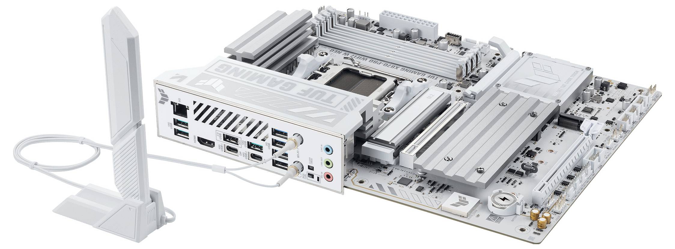 Weißes Gaming-Motherboard mit vertikaler Antenne, mit mehreren Anschlüssen für HDMI, USB und Audioverbindungen.