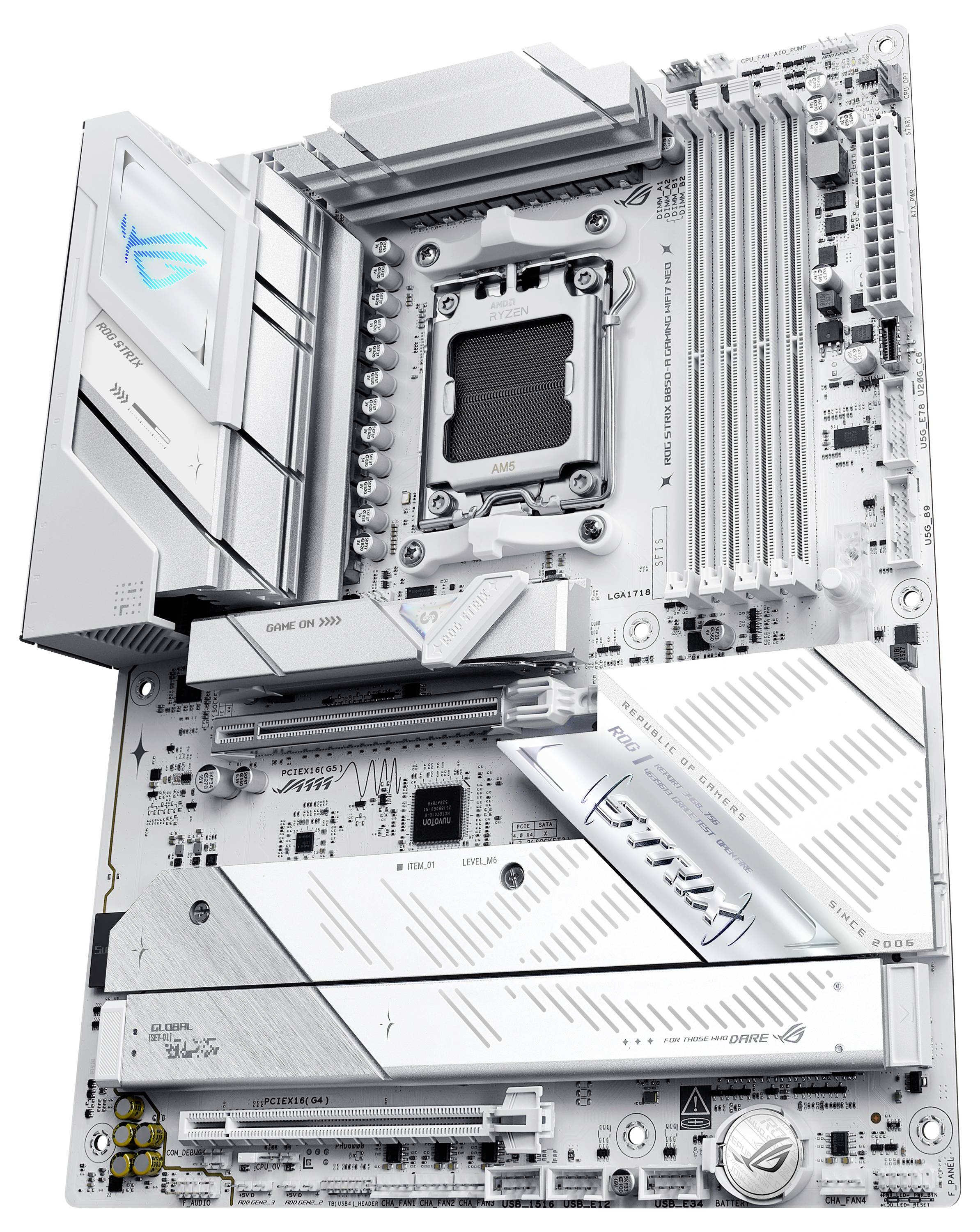 Ein weiß und silbern gefärbtes Computer-Mainboard mit mehreren Steckplätzen und Anschlüssen, das das ASUS ROG-Logo mit blauer LED-Beleuchtung aufweist.