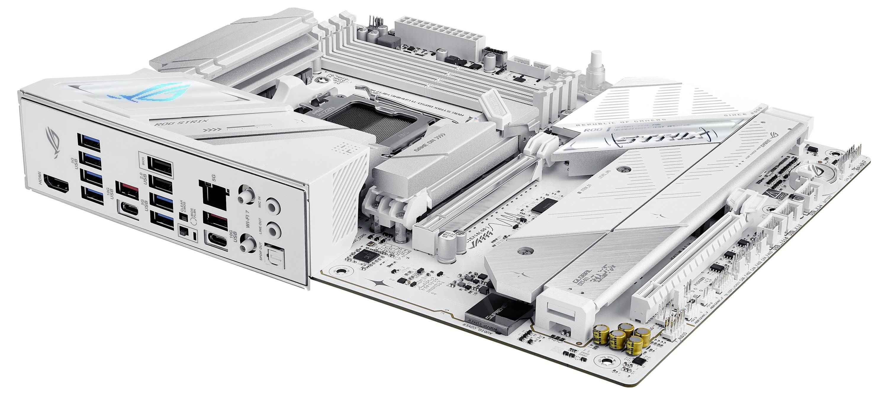 Ein weißes Computer-Motherboard mit mehreren Anschlüssen, Steckplätzen und Verbindern, das für den Zusammenbau eines benutzerdefinierten PC-Systems entwickelt wurde.