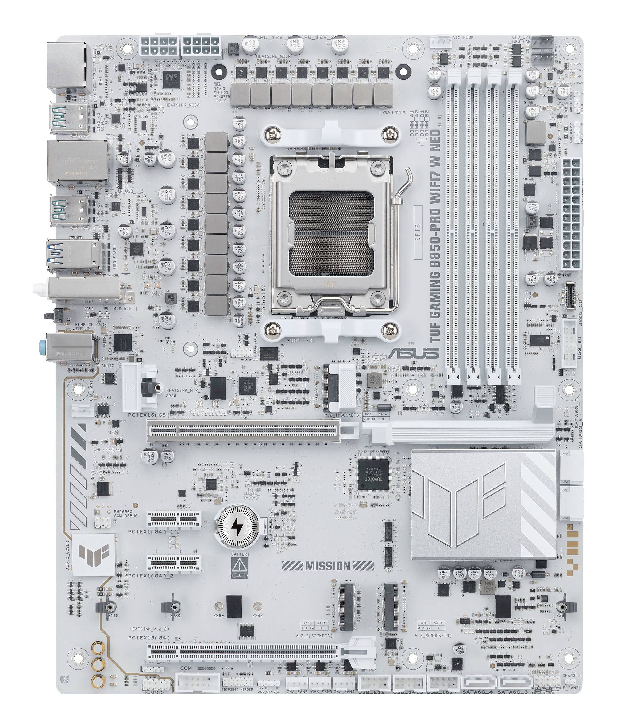 Weiße ASUS TUF Gaming B650-PLUS WiFi Hauptplatine mit AMD AM5 CPU-Sockel, vier RAM-Steckplätzen, PCIe-Steckplätzen und hinteren Ein-/Ausgabe-Anschlüssen.