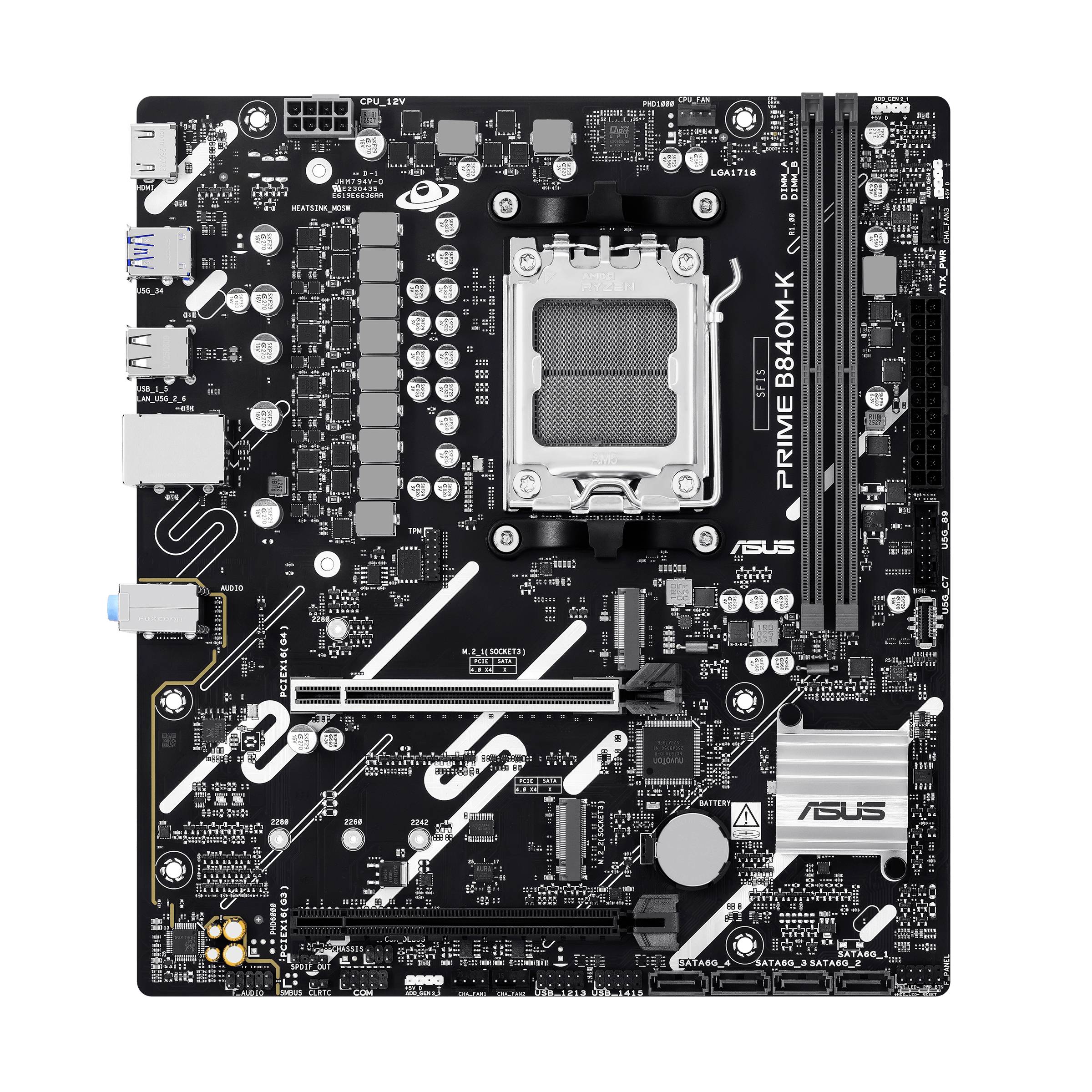 Ein schwarzes Computer-Motherboard mit gekennzeichneten Komponenten und Steckplätzen, darunter ein CPU-Sockel, RAM-Steckplätze und verschiedene Anschlüsse. Marke und Modell „ASUS Prime B460M-K