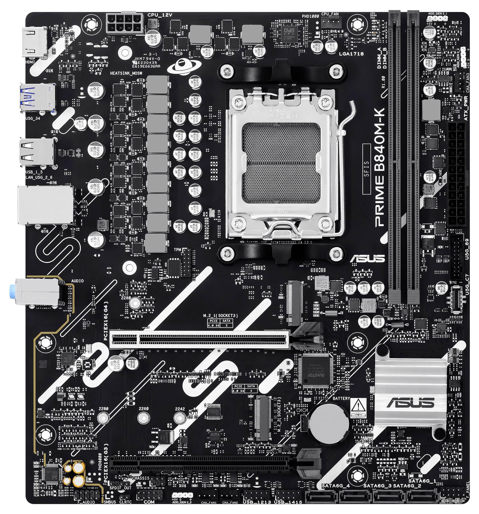 ASUS PRIME B640M-K Motherboard mit PCIe-Steckplätzen, RAM-Steckplätzen und Anschlüssen für Konnektivität und Komponenten. Schwarz mit silbernen Akzenten.