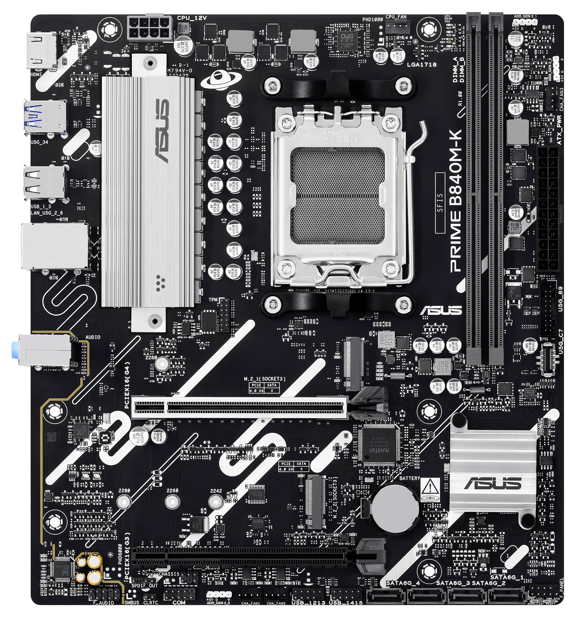 Ein Computermotherboard mit beschrifteten Steckplätzen und Anschlüssen, mit CPU-Sockel, RAM-Steckplätzen, verschiedenen Steckverbindern und Branding.
