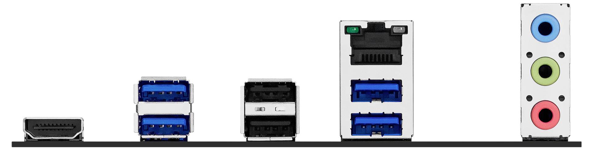 Anschlüsse auf der Rückseite einer Computerplatine: HDMI-Anschluss, USB-Anschlüsse, Ethernet-Anschluss und Audiobuchsen mit Farbbezeichnungen.