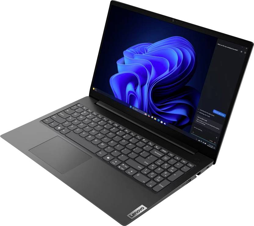 Schwarzer Lenovo-Laptop auf weißem Hintergrund, der den Windows-11-Desktop mit einem blauen abstrakten Wirbel-Hintergrundbild anzeigt.