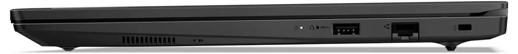 Seitenansicht eines geschlossenen schwarzen Laptops, die Lüftungsschlitze, einen USB-Anschluss und einen Ethernet-Anschluss an der Seite zeigt.