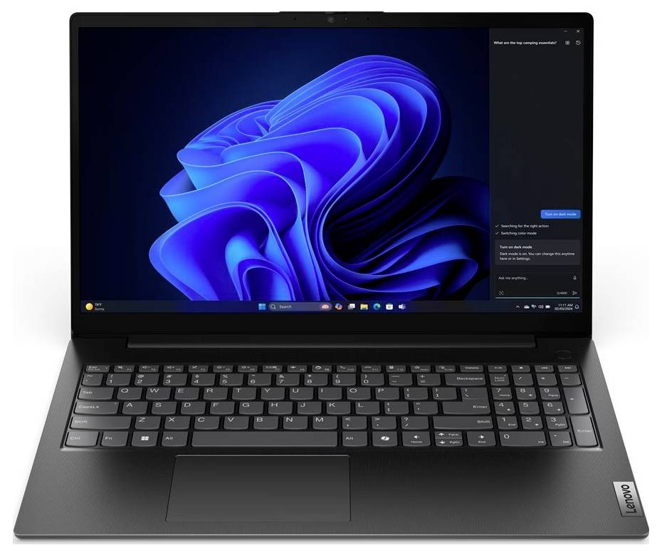 Schwarzer Lenovo-Laptop in einem Winkel offen, zeigt die Windows-11-Blau-abstraktive Hintergrundbild auf dem Bildschirm und eine vollständige Tastatur mit Touchpad.