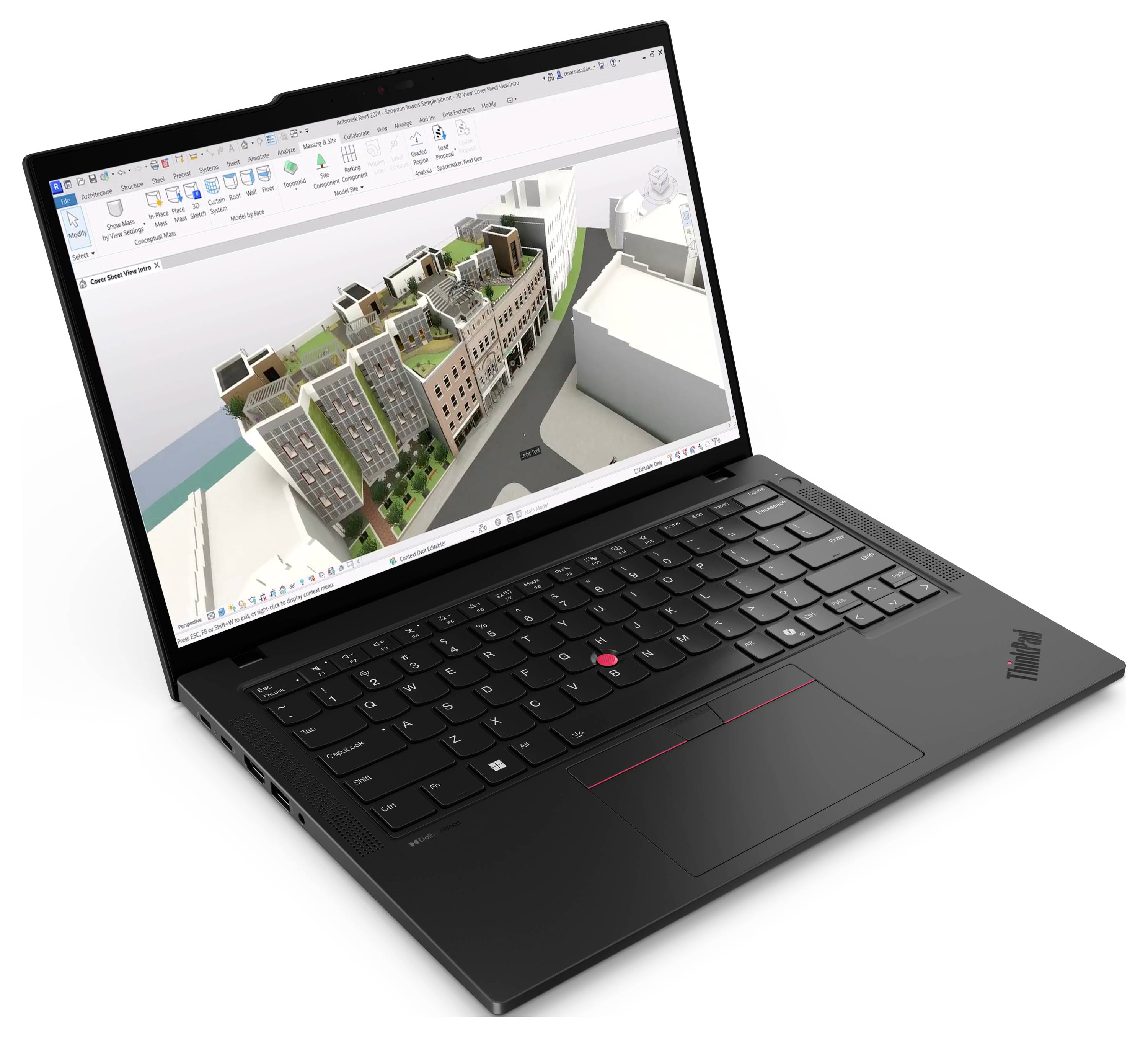 Laptop zeigt ein 3D-Architekturmodell auf dem Bildschirm, das mehrere Gebäude und Grünflächen präsentiert.