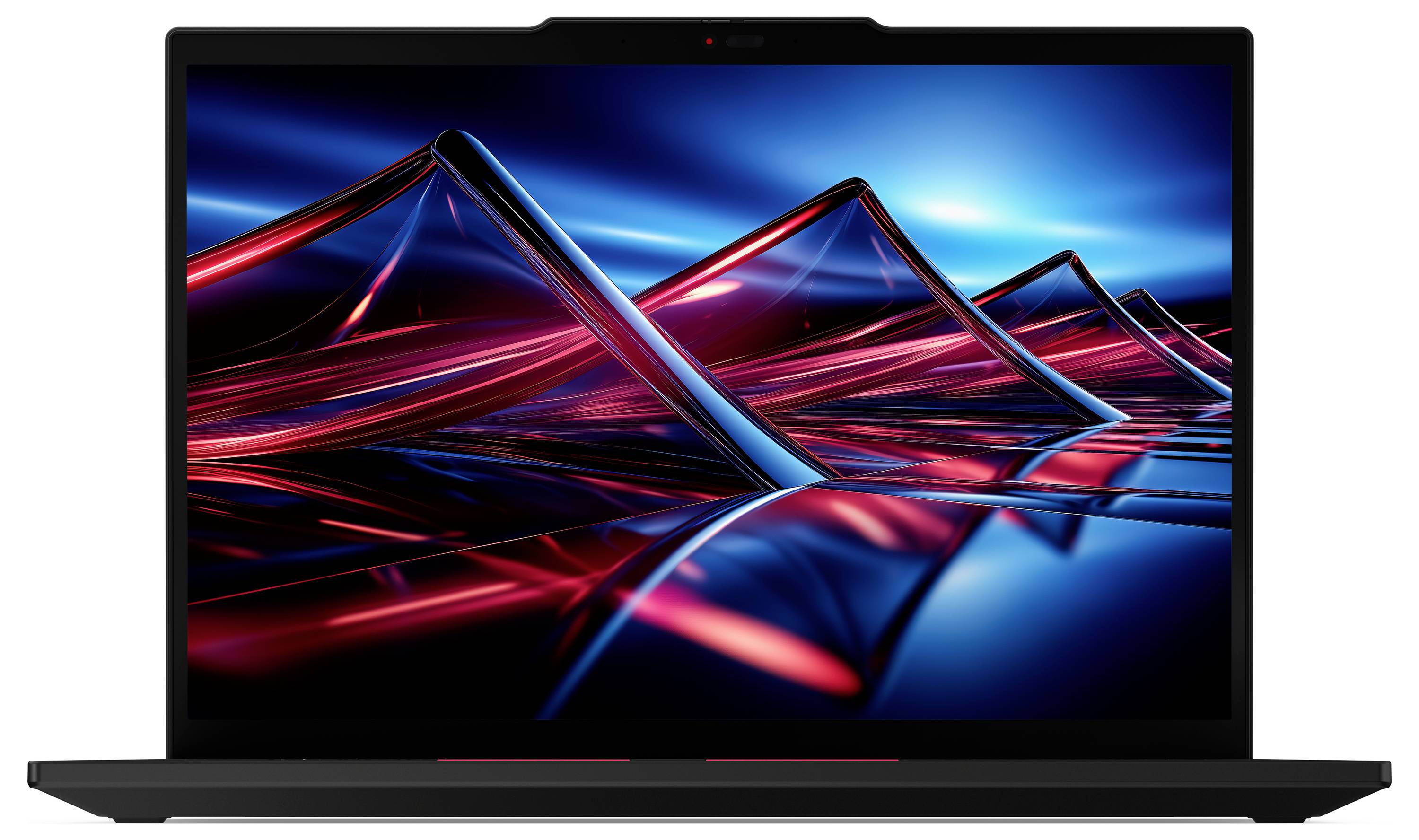 Ein Laptop zeigt ein futuristisches abstraktes digitales Kunstwerk mit leuchtenden roten und blauen dreieckigen Formen auf dem Bildschirm.