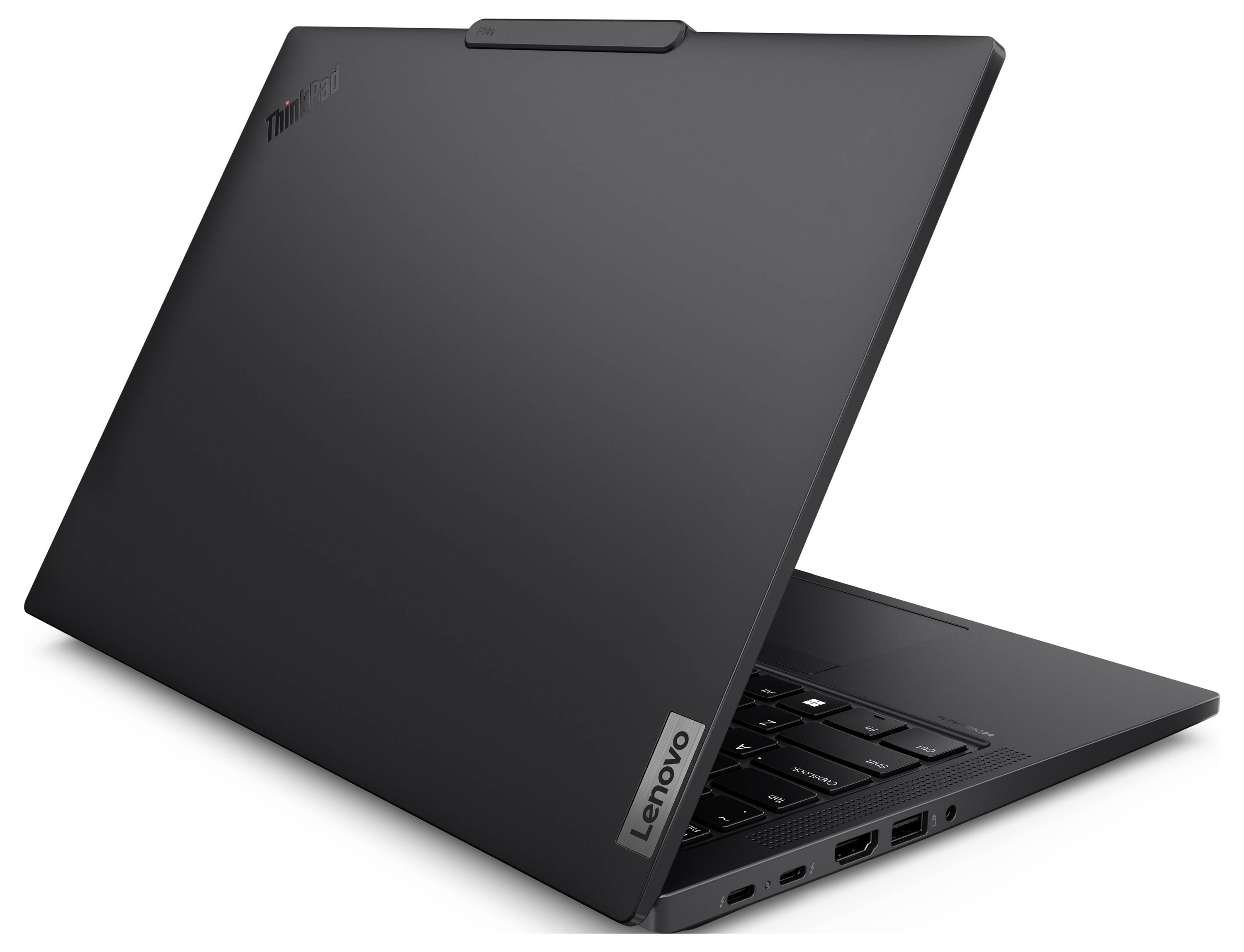 Ein schwarzer Lenovo ThinkPad-Laptop, teilweise geöffnet, von hinten und der Seite betrachtet, zeigt die Tastatur und einen Teil des Bildschirms.