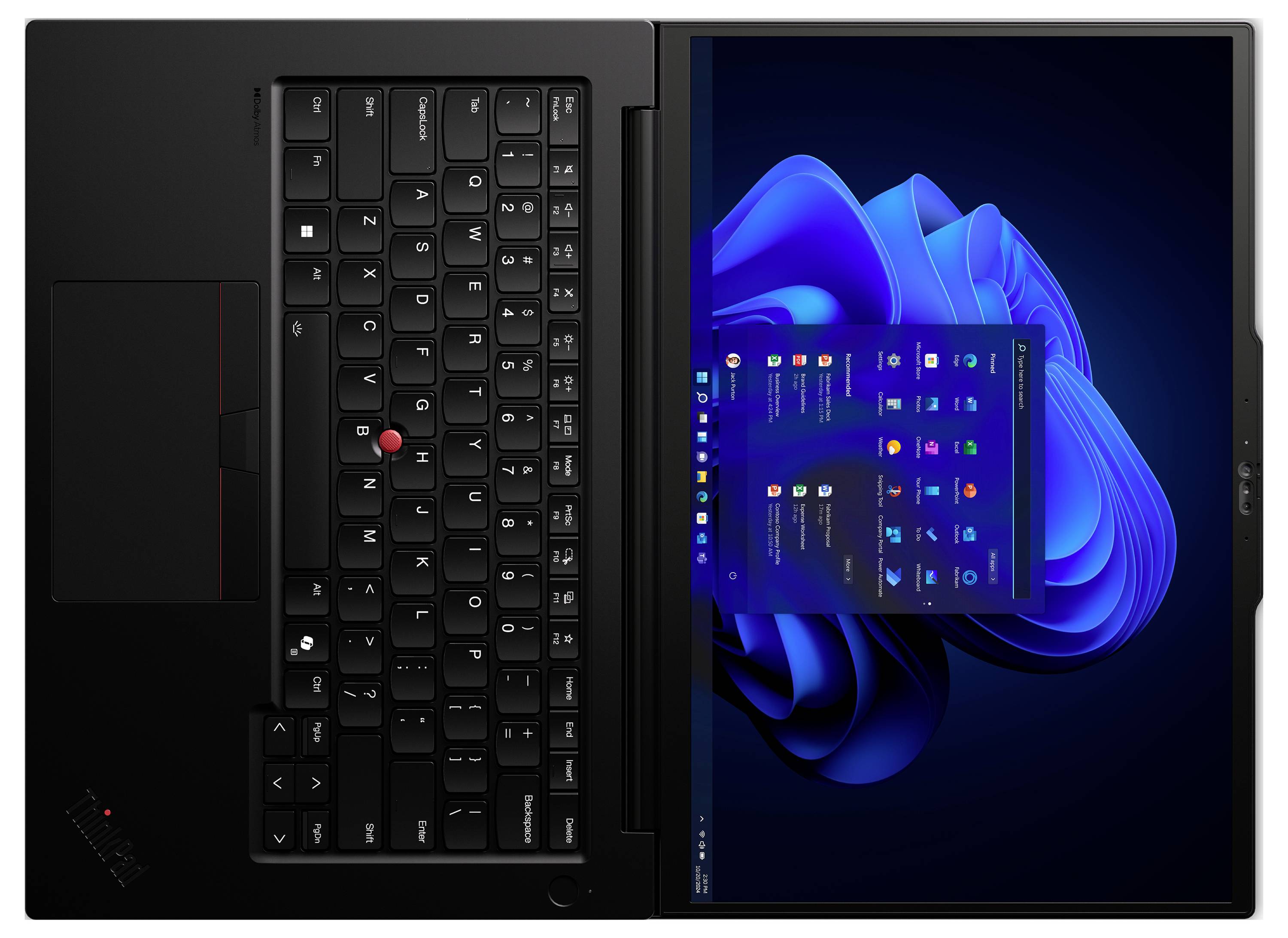 Ein schwarzer Laptop mit einer Tastatur und einem Bildschirm, auf dem das Windows 11-Startmenü auf blauem Hintergrund angezeigt wird.