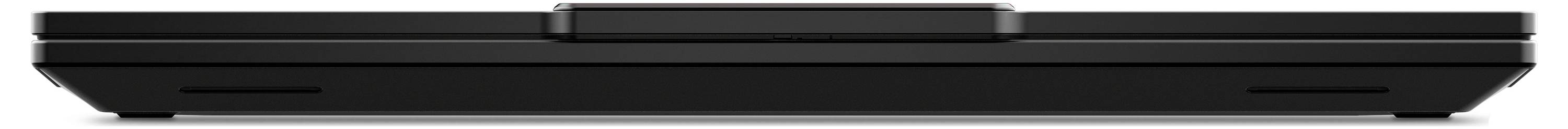 Ein geschlossener schwarzer Laptop, von der Seite betrachtet, der sein Scharnier und sein schlankes Profil zeigt.